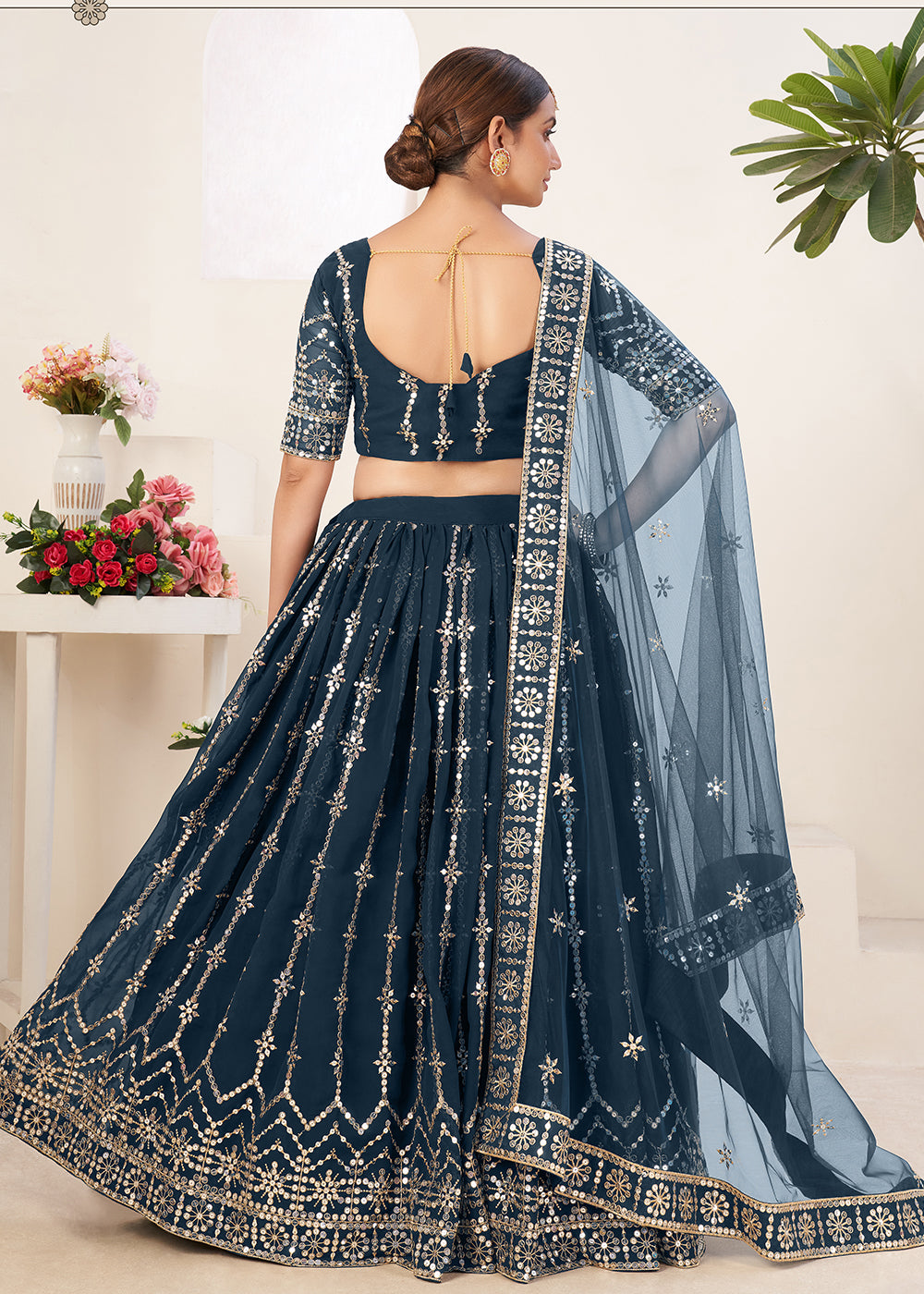 Buy Now Loyal Blue Bordered Sequins Sangeet Wear Lehenga Choli Online in USA, UK, Canada & Worldwide at Empress Clothing.