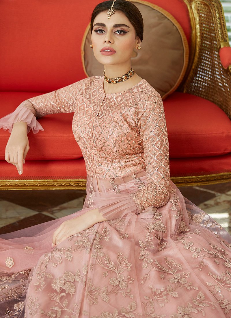 Barbie Pink Frilled Cuffs Net Lehenga Style Anarkali Suit