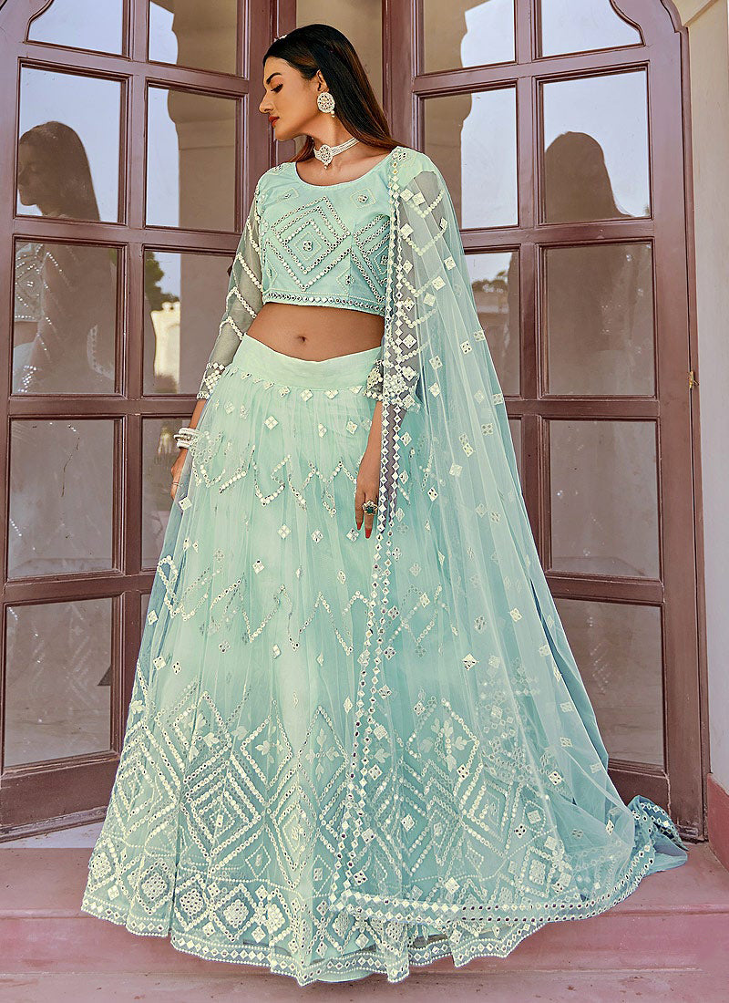 Buy Sky Blue Mirror Embellished Lehenga - Wedding Lehenga Choli