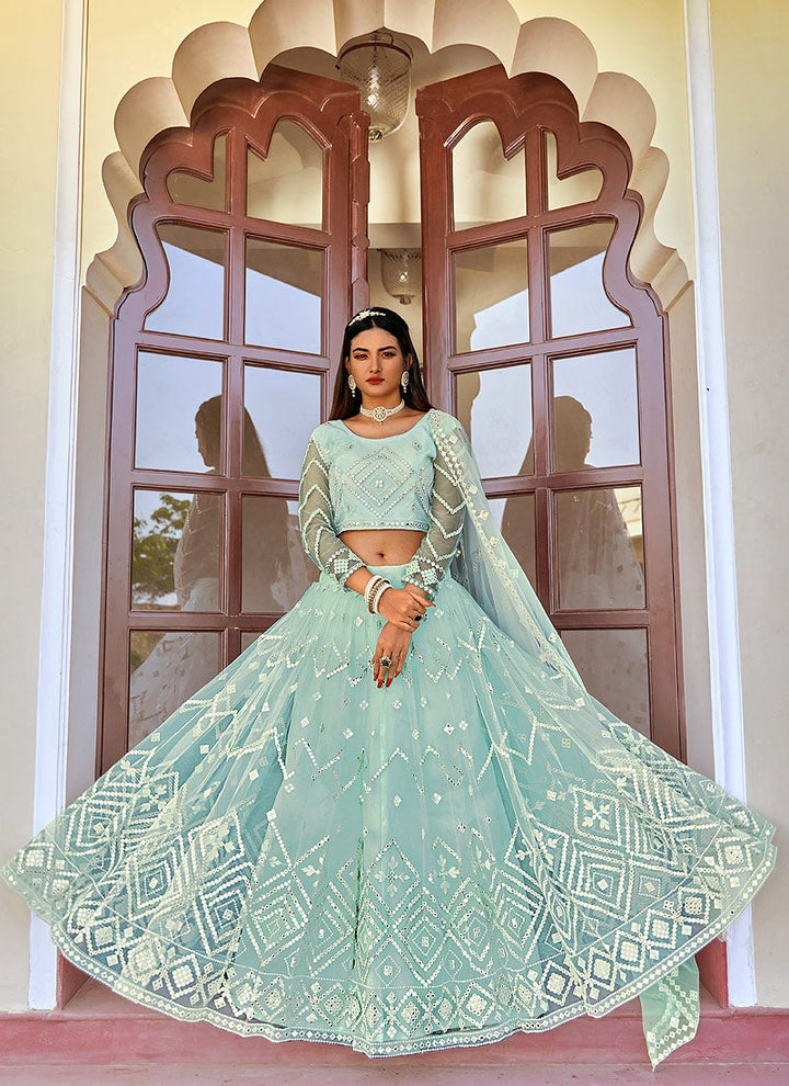 Buy Sky Blue Mirror Embellished Lehenga - Wedding Lehenga Choli