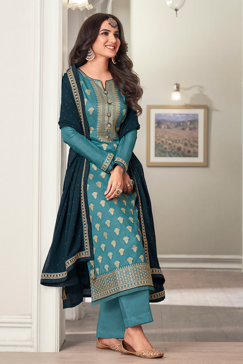 Buy Blue Dola Jacquard Silk Suit - Festival Salwar Kameez