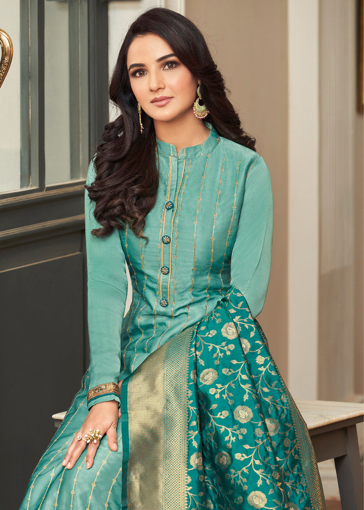 Buy Now Aqua Blue Traditional Silk Embroidered Salwar Suit Online in USA, UK, Canada, Germany & Worldwide at Empress Clothing.