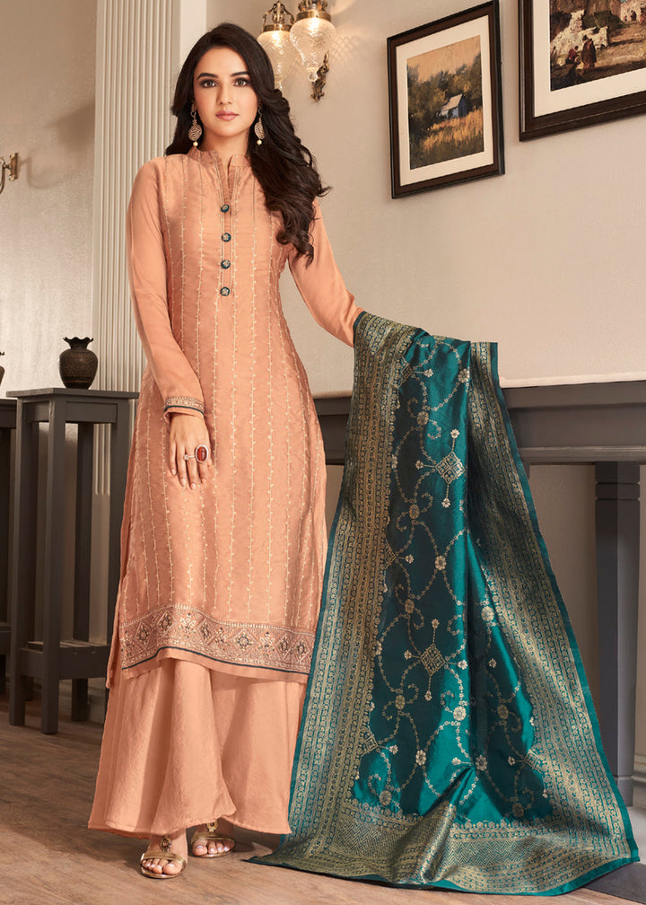 Buy Now Pretty Peach Traditional Silk Embroidered Salwar Suit Online in USA, UK, Canada, Germany & Worldwide at Empress Clothing.