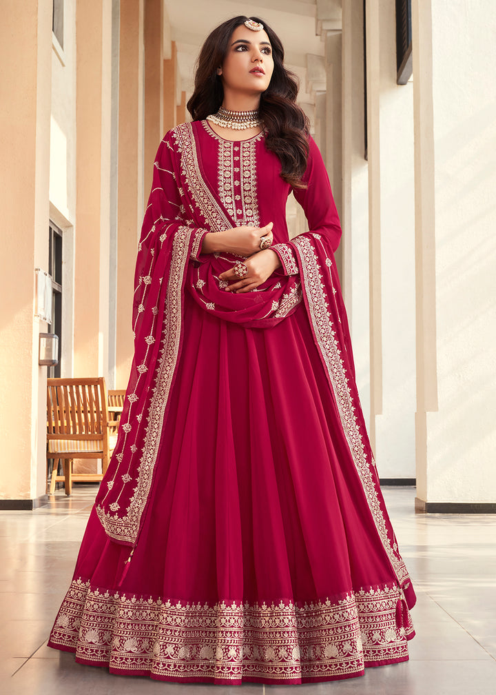 Buy Now Georgette Magenta Pink Embroidered Indian Long Anarkali Dress Online in USA, UK, Australia, New Zealand, Canada & Worldwide at Empress Clothing. 
