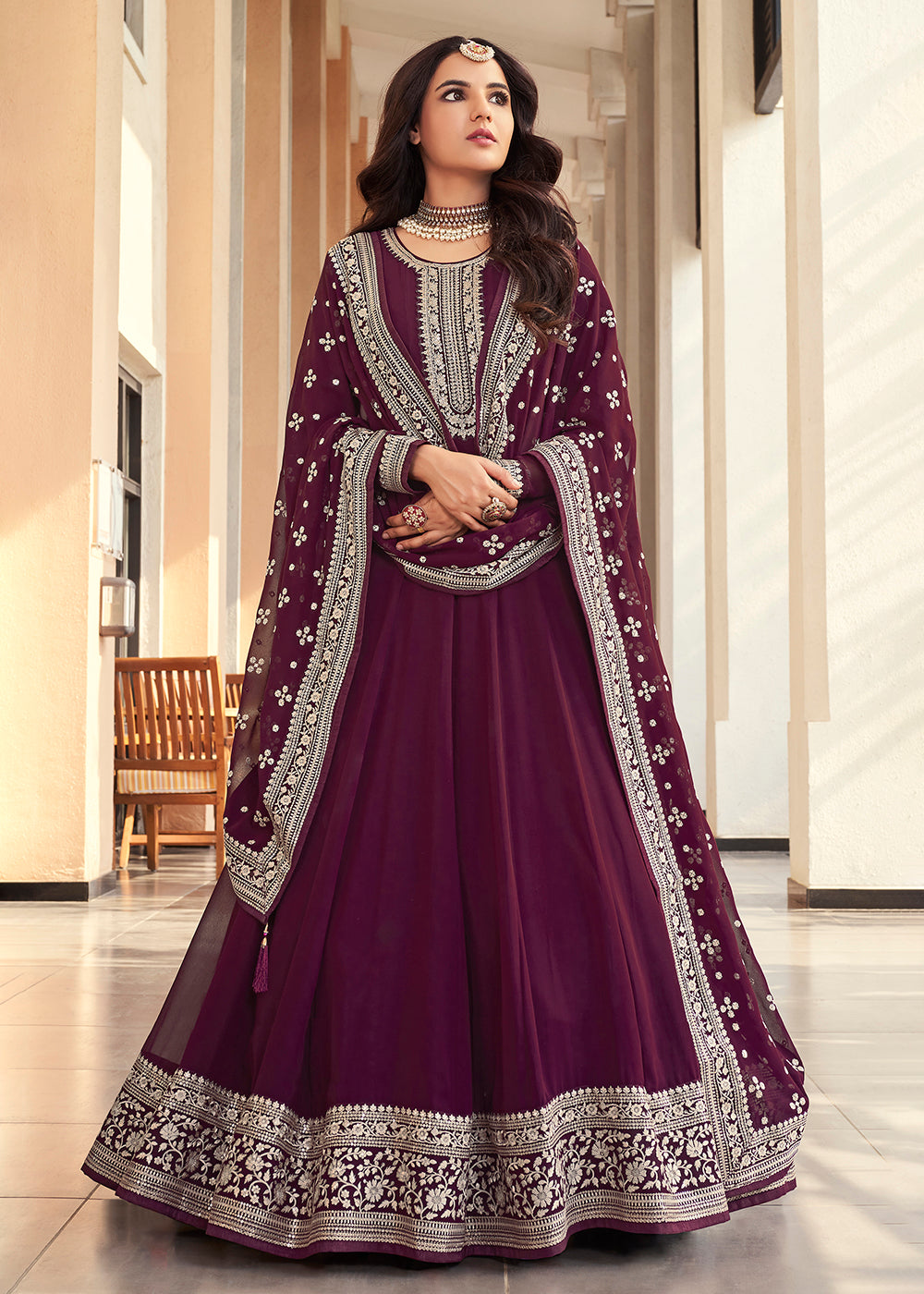 Buy Now Georgette Wine Purple Embroidered Indian Long Anarkali Dress Online in USA, UK, Australia, New Zealand, Canada & Worldwide at Empress Clothing. 