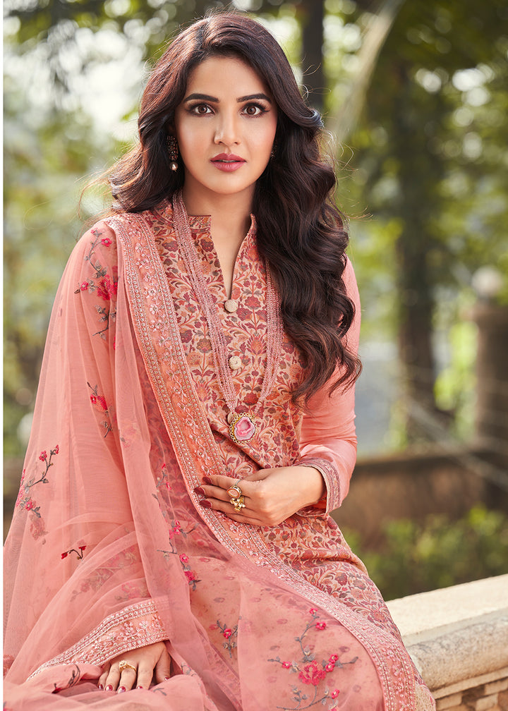 Buy Now Peachy Pink Viscose Jacquard Pant Style Salwar Kurta Set Online in USA, UK, Canada & Worldwide at Empress Clothing.