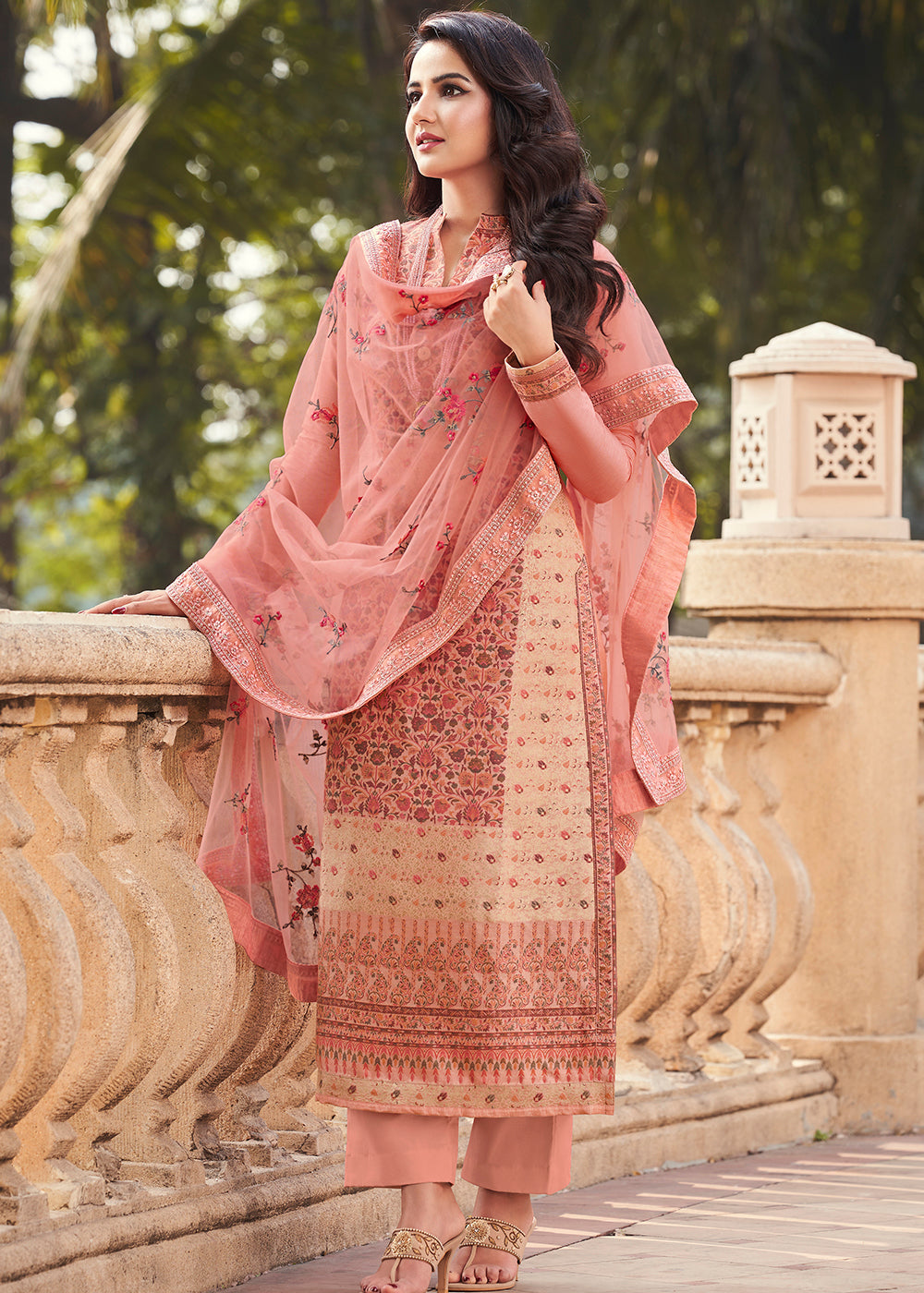 Buy Now Peachy Pink Viscose Jacquard Pant Style Salwar Kurta Set Online in USA, UK, Canada & Worldwide at Empress Clothing.