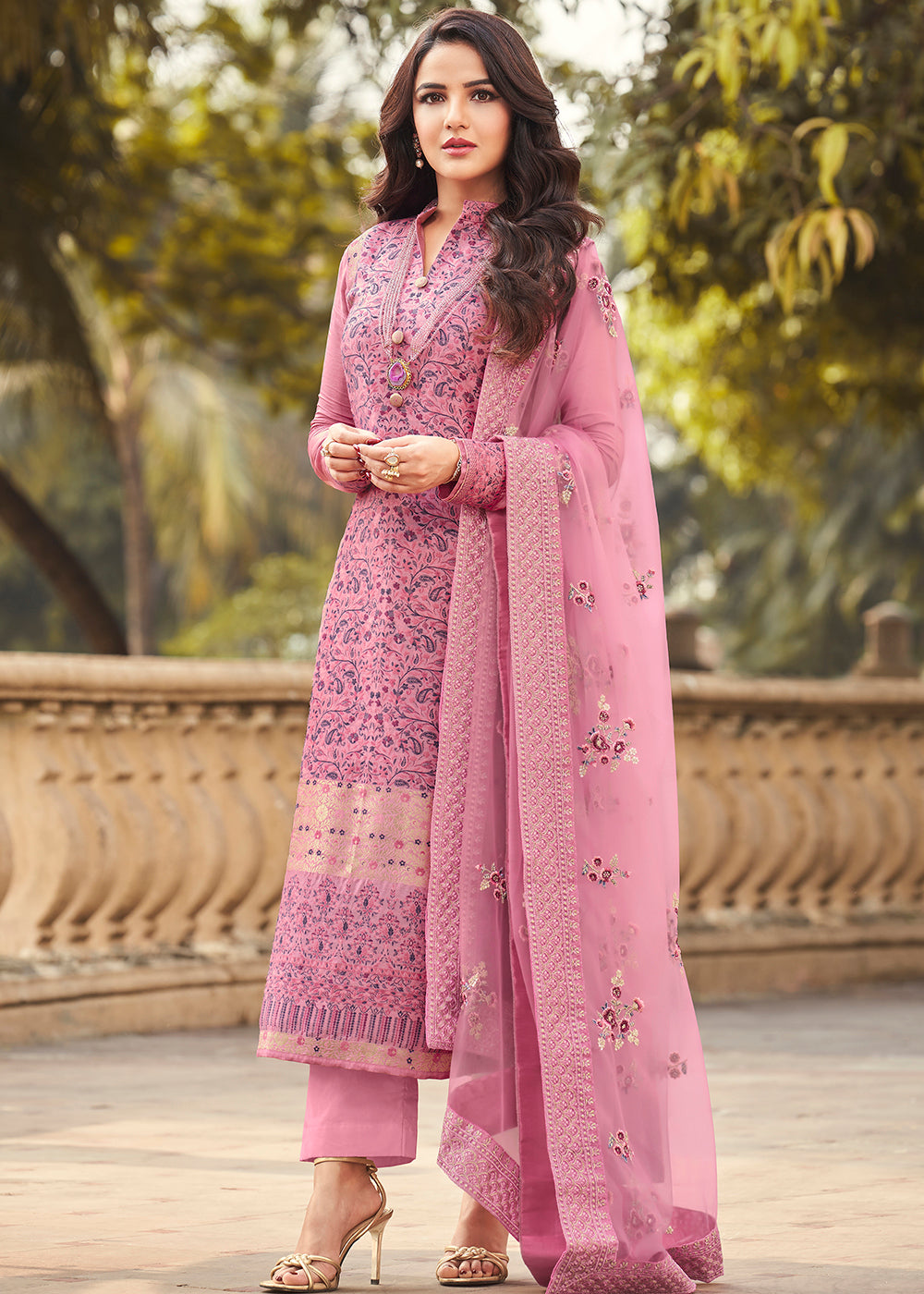 Buy Now Rose Pink Viscose Jacquard Pant Style Salwar Kurta Set Online in USA, UK, Canada & Worldwide at Empress Clothing.