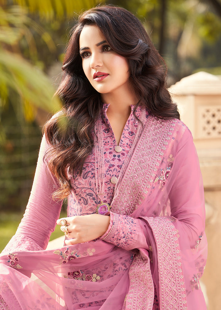 Buy Now Rose Pink Viscose Jacquard Pant Style Salwar Kurta Set Online in USA, UK, Canada & Worldwide at Empress Clothing.