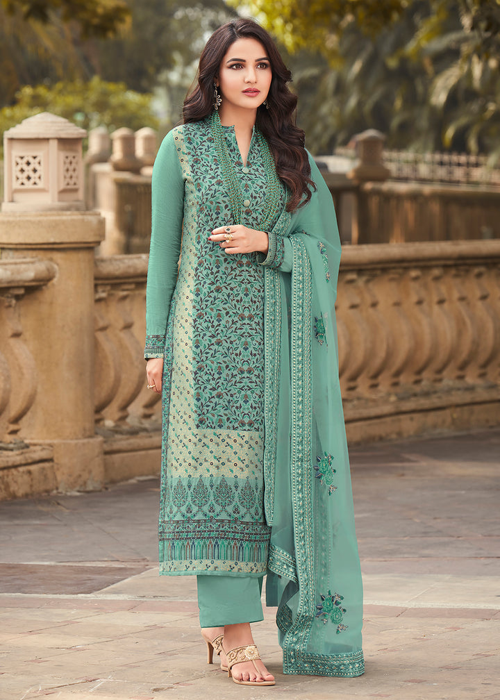 Buy Now Sea Green Viscose Jacquard Pant Style Salwar Kurta Set Online in USA, UK, Canada & Worldwide at Empress Clothing. 