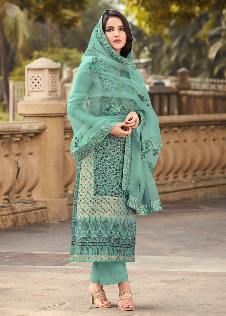 Buy Now Sea Green Viscose Jacquard Pant Style Salwar Kurta Set Online in USA, UK, Canada & Worldwide at Empress Clothing. 