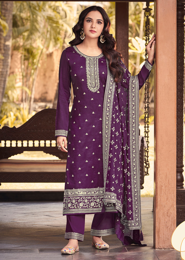 Buy Now Dola Silk Fanciable Violet Embroidered Festive Salwar Suit Online in USA, UK, Canada, Germany, Australia & Worldwide at Empress Clothing. 
