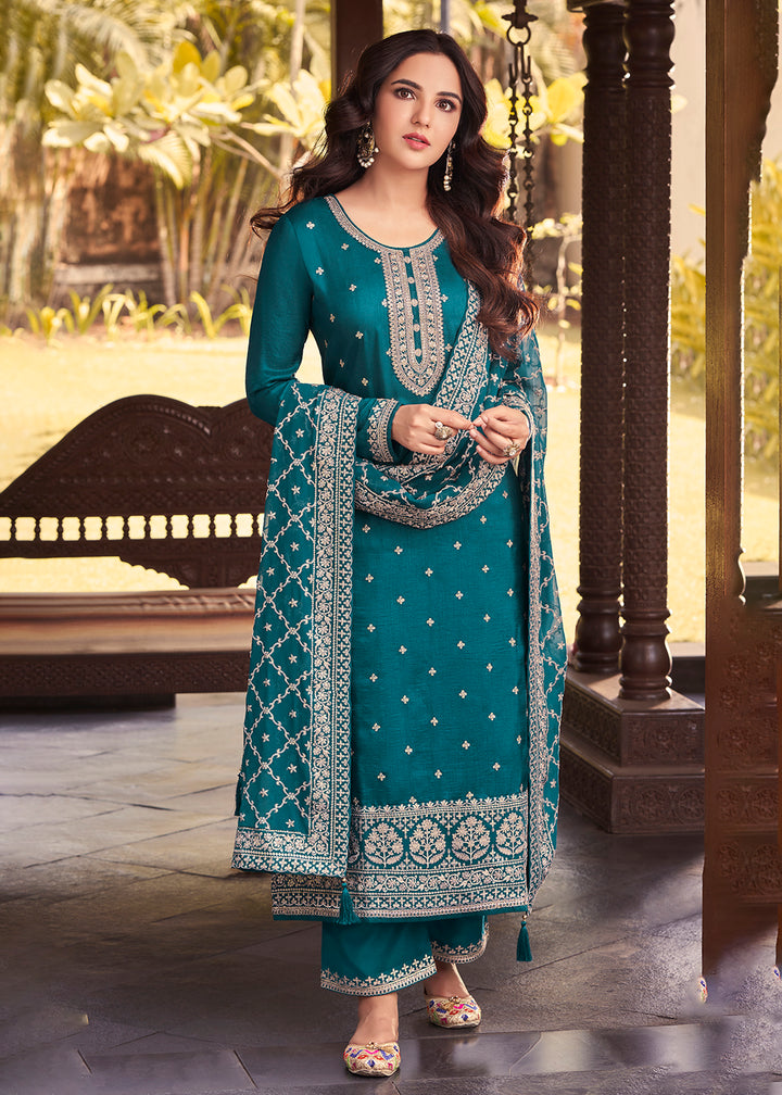 Buy Now Dola Silk Charming Turquoise Embroidered Festive Salwar Suit Online in USA, UK, Canada, Germany, Australia & Worldwide at Empress Clothing. 