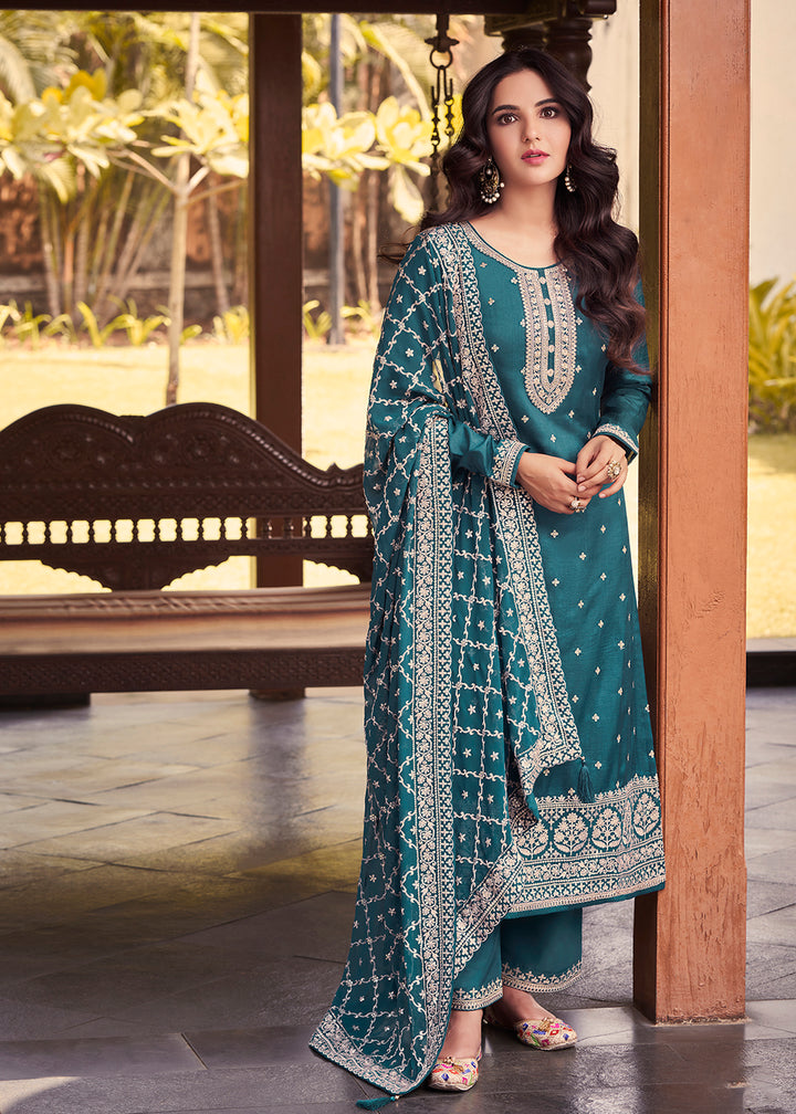 Buy Now Dola Silk Charming Turquoise Embroidered Festive Salwar Suit Online in USA, UK, Canada, Germany, Australia & Worldwide at Empress Clothing. 