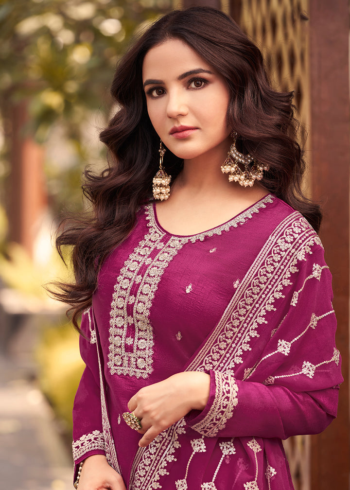 Buy Now Dola Silk Exquisite Magenta Embroidered Festive Salwar Suit Online in USA, UK, Canada, Germany, Australia & Worldwide at Empress Clothing. 