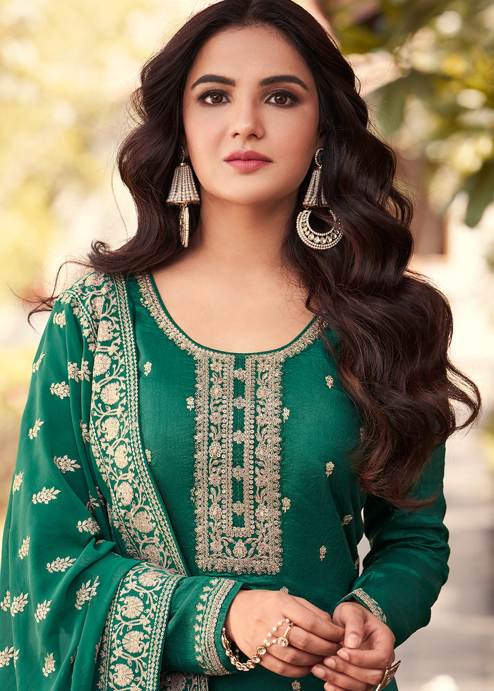 Buy Now Dola Silk Vivacious Green Embroidered Festive Salwar Suit Online in USA, UK, Canada, Germany, Australia & Worldwide at Empress Clothing.