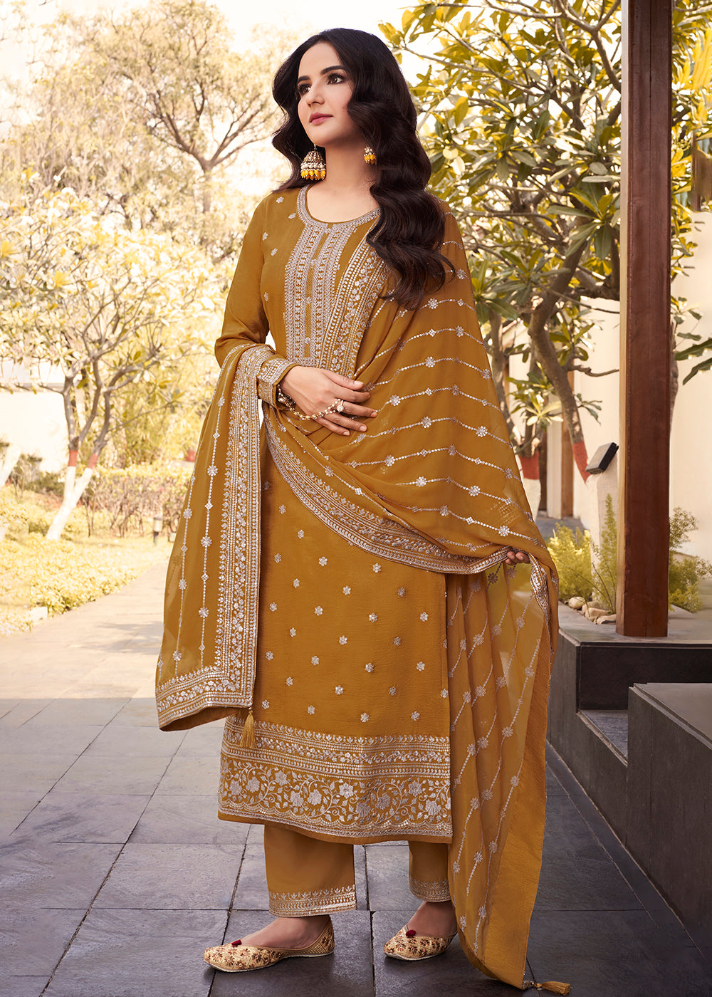 Buy Now Dola Silk Pretty Mustard Embroidered Festive Salwar Suit Online in USA, UK, Canada, Germany, Australia & Worldwide at Empress Clothing.