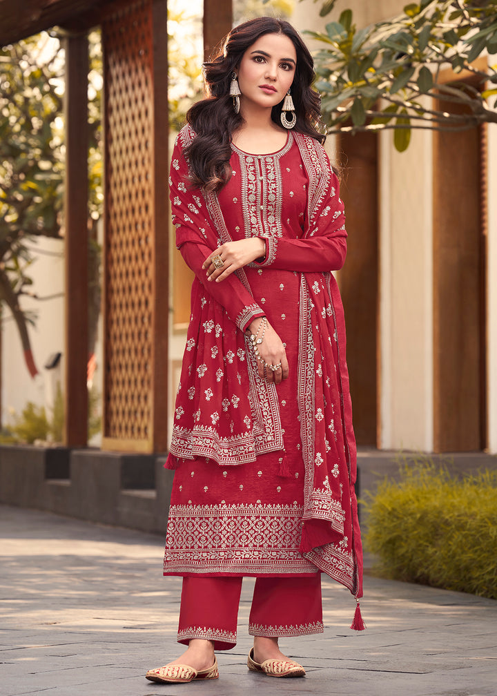 Buy Now Dola Silk Beguiling Red Embroidered Festive Salwar Suit Online in USA, UK, Canada, Germany, Australia & Worldwide at Empress Clothing. 