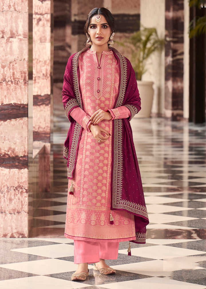Buy Now Charming Pink Dola Silk Jacquard Festival Salwar Kameez Online in USA, UK, Canada & Worldwide at Empress Clothing.
