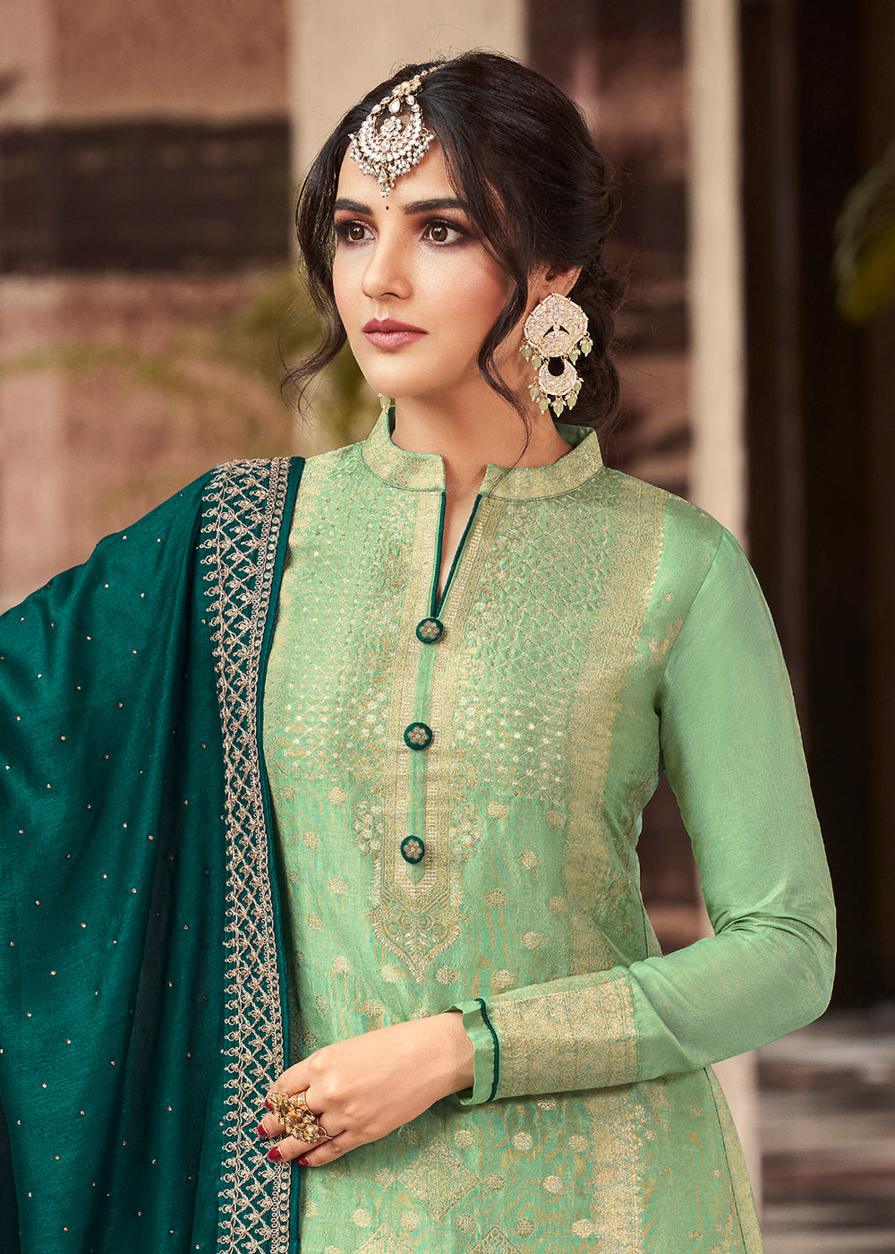 Buy Now Gorgeous Green Dola Silk Jacquard Festival Salwar Kameez Online in USA, UK, Canada & Worldwide at Empress Clothing.