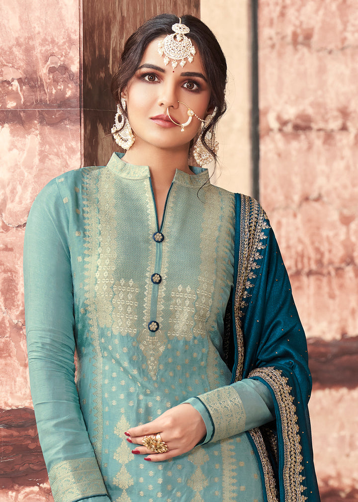 Buy Now Mesmerizing Blue Dola Silk Jacquard Festival Salwar Kameez Online in USA, UK, Canada & Worldwide at Empress Clothing. 