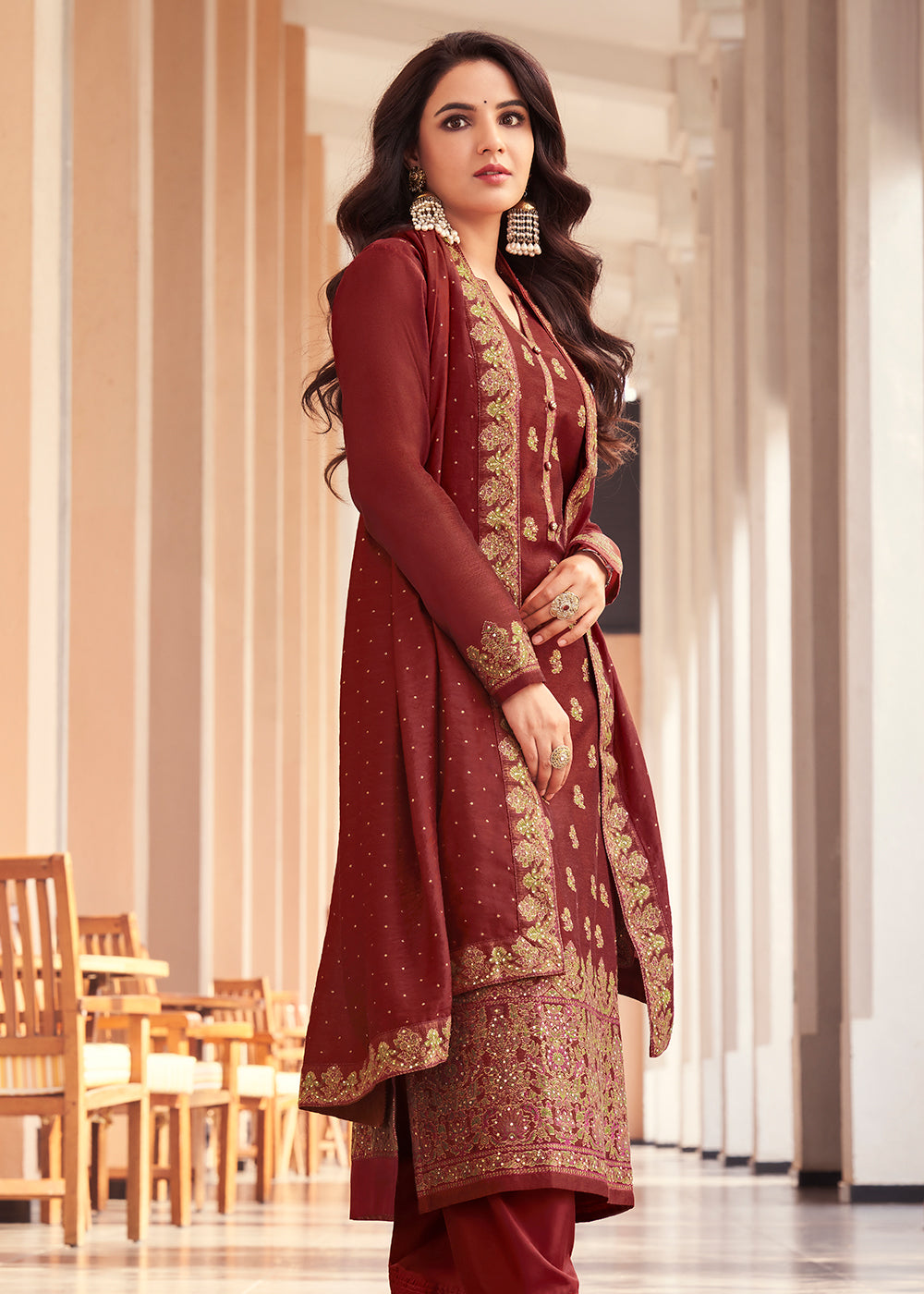 Buy Now Maroon Jacquard Embordered Festive Pant Salwar Suit Online in USA, UK, Canada & Worldwide at Empress Clothing. 