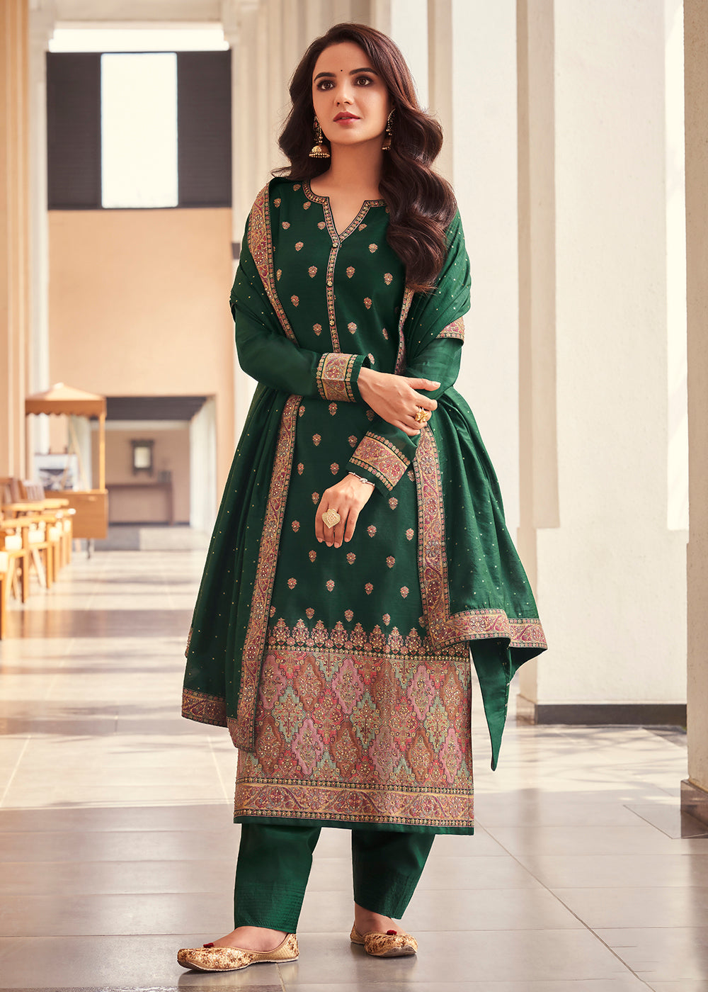 Buy Now Green Jacquard Embordered Festive Pant Salwar Suit Online in USA, UK, Canada & Worldwide at Empress Clothing.