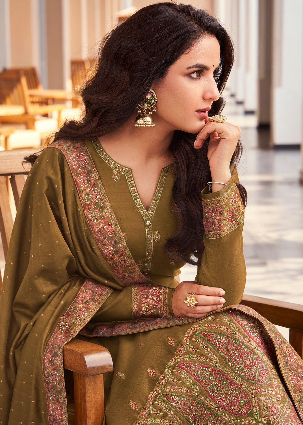 Buy Now Khaki Jacquard Embordered Festive Pant Salwar Suit Online in USA, UK, Canada & Worldwide at Empress Clothing. 