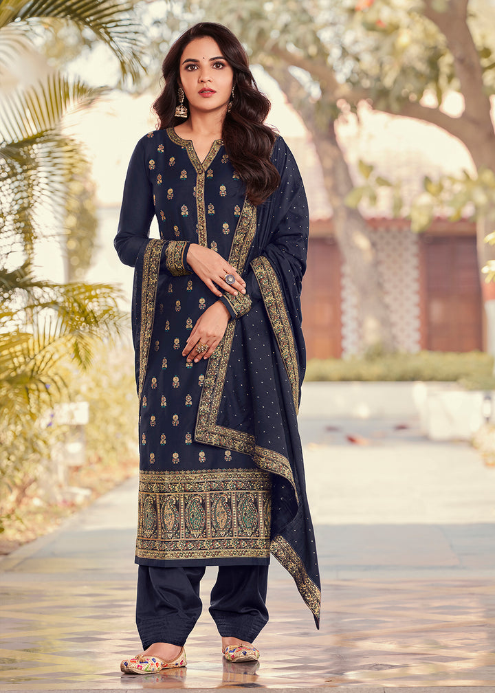 Buy Now Blue Jacquard Embordered Festive Pant Salwar Suit Online in USA, UK, Canada & Worldwide at Empress Clothing.