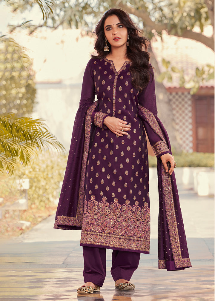 Buy Now Purple Jacquard Embordered Festive Pant Salwar Suit Online in USA, UK, Canada & Worldwide at Empress Clothing. 