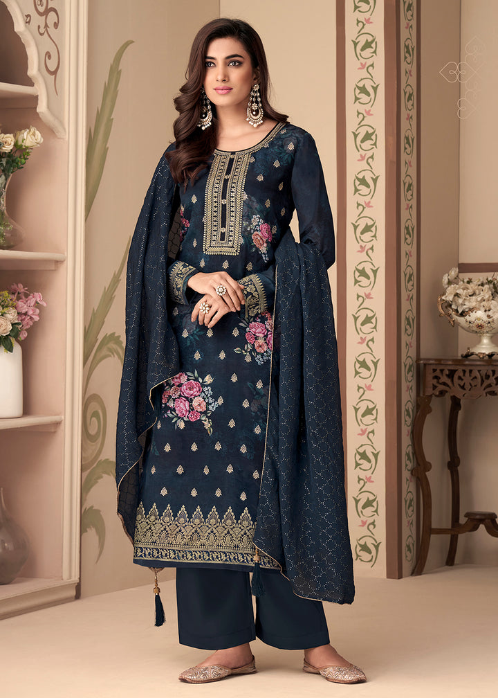 Buy Now Jacquard Silk Elegant Navy Blue Digital Printed Salwar Suit Online in USA, UK, Canada, Germany, Australia & Worldwide at Empress Clothing.