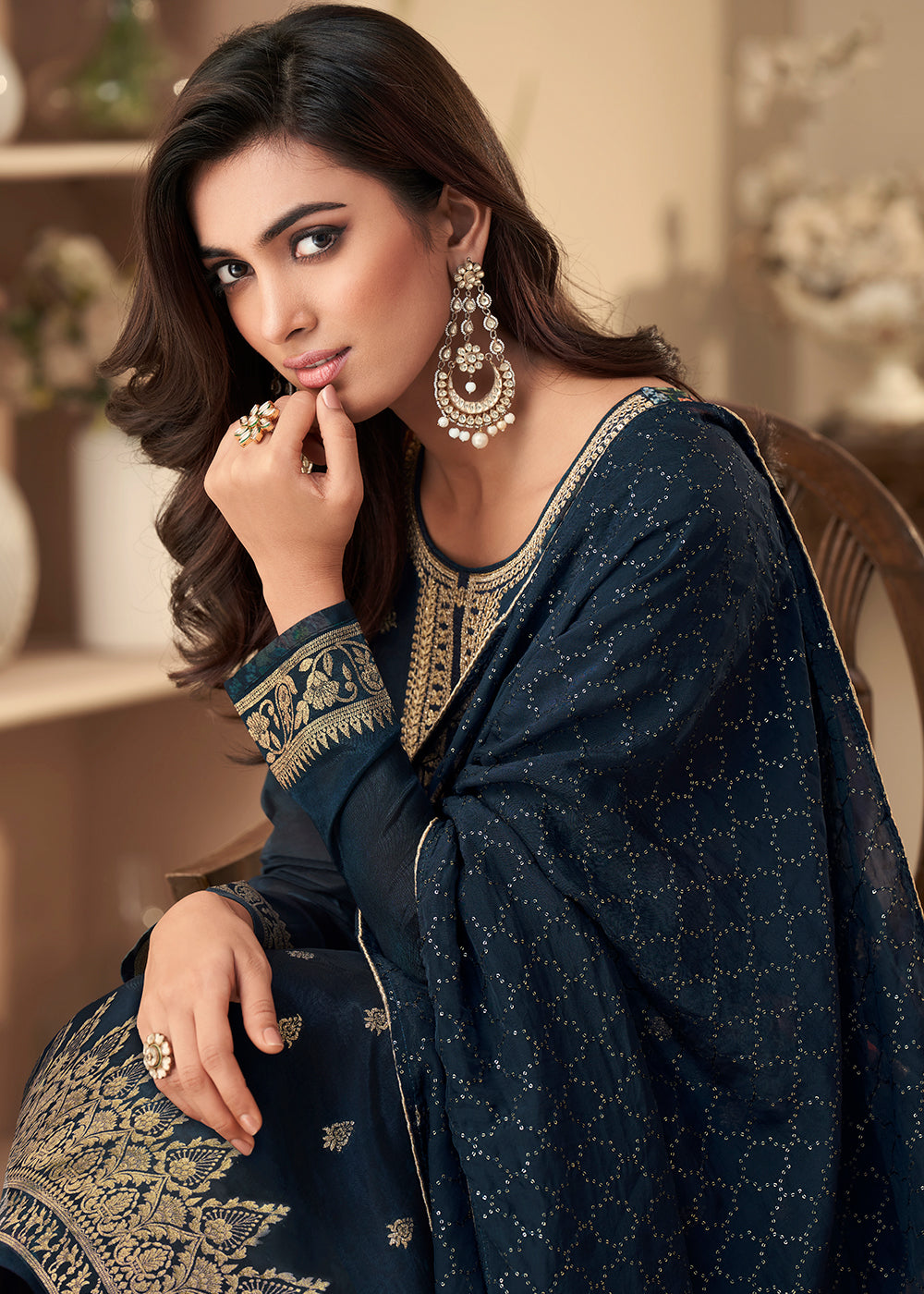 Buy Now Jacquard Silk Elegant Navy Blue Digital Printed Salwar Suit Online in USA, UK, Canada, Germany, Australia & Worldwide at Empress Clothing.