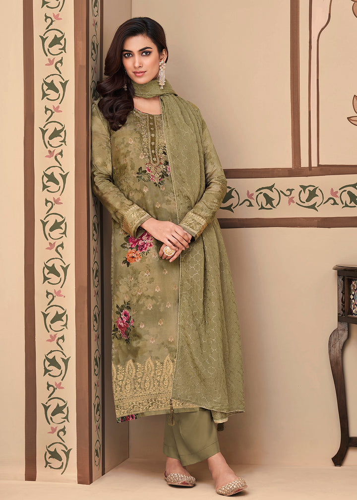 Buy Now Jacquard Silk Classic Olive Green Digital Printed Salwar Suit Online in USA, UK, Canada, Germany, Australia & Worldwide at Empress Clothing.