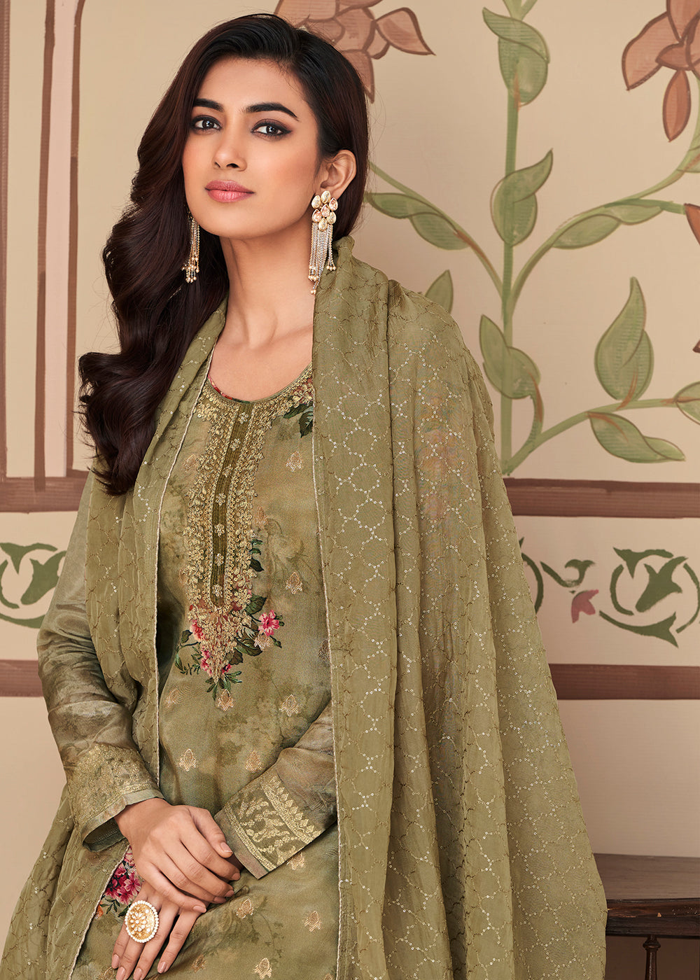 Buy Now Jacquard Silk Classic Olive Green Digital Printed Salwar Suit Online in USA, UK, Canada, Germany, Australia & Worldwide at Empress Clothing.