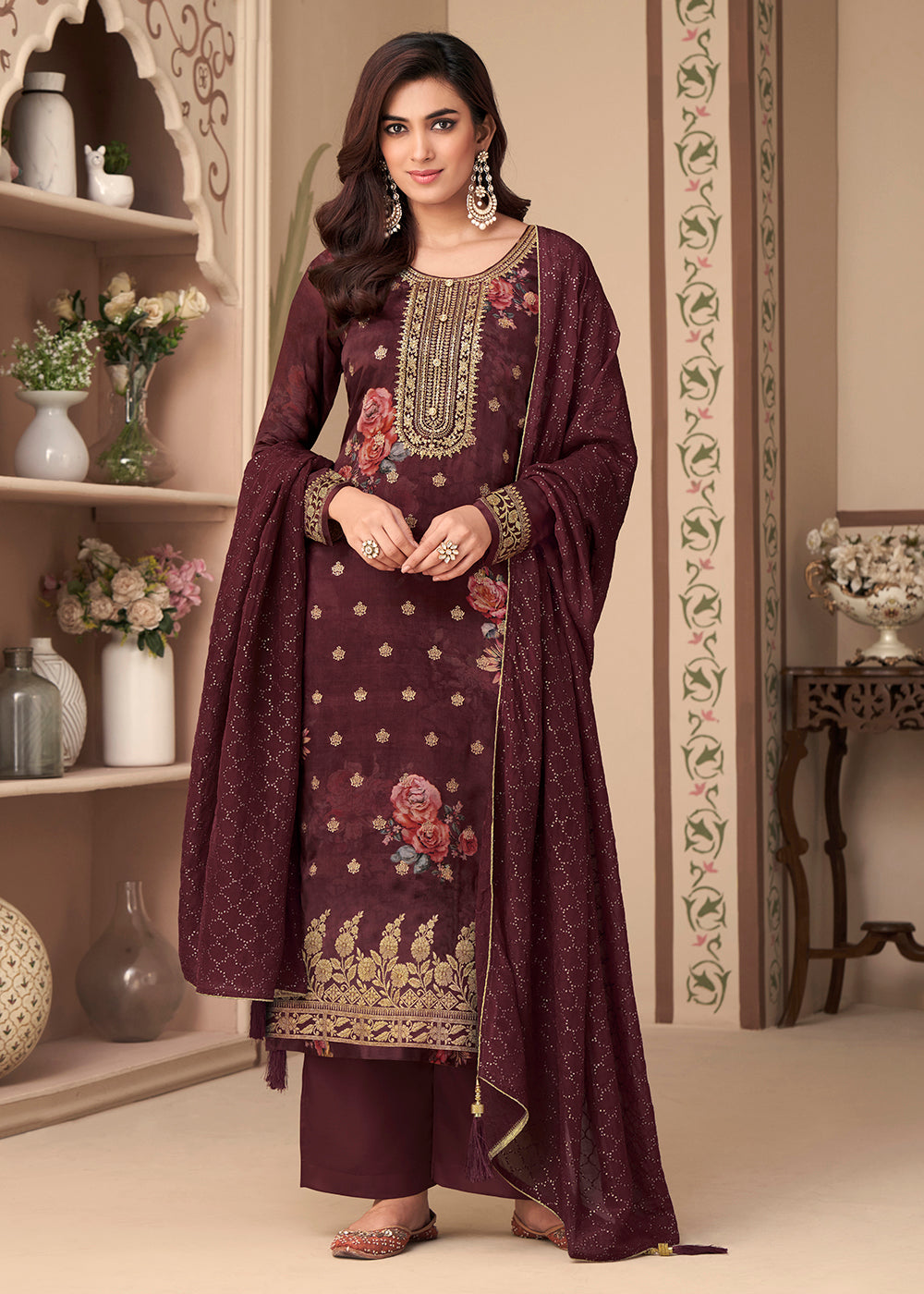 Buy Now Jacquard Silk Awesome Burgundy Digital Printed Salwar Suit Online in USA, UK, Canada, Germany, Australia & Worldwide at Empress Clothing.