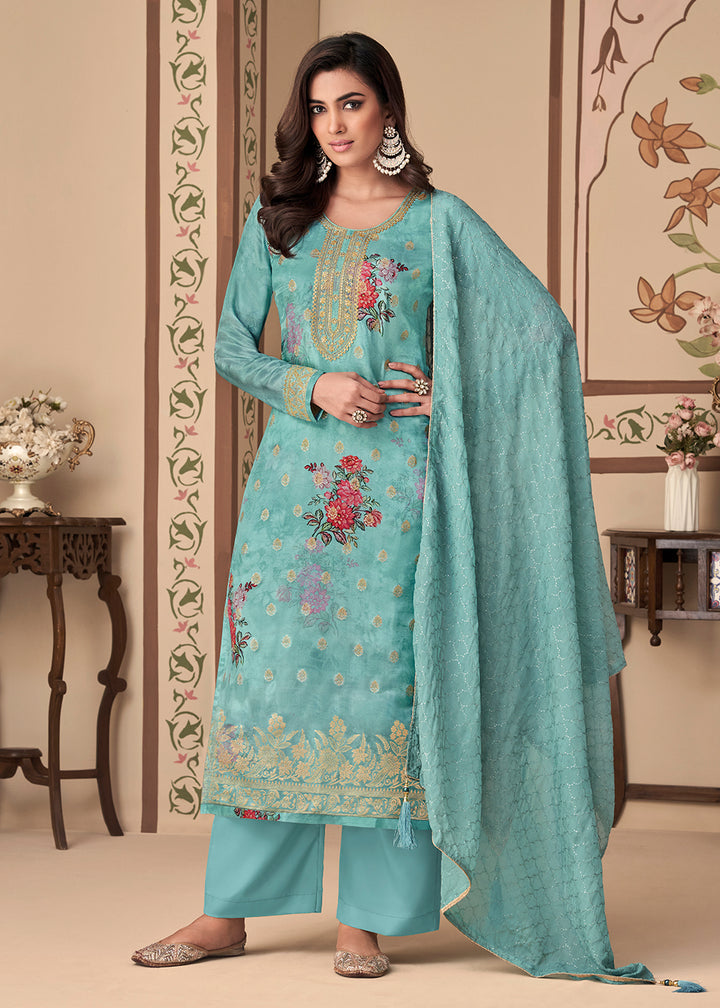 Buy Now Jacquard Silk Beatific Aqua Blue Digital Printed Salwar Suit Online in USA, UK, Canada, Germany, Australia & Worldwide at Empress Clothing.