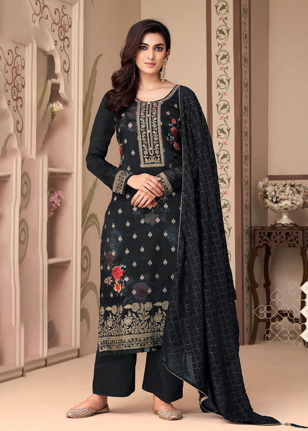 Buy Now Jacquard Silk Alluring Black Digital Printed Salwar Suit Online in USA, UK, Canada, Germany, Australia & Worldwide at Empress Clothing.