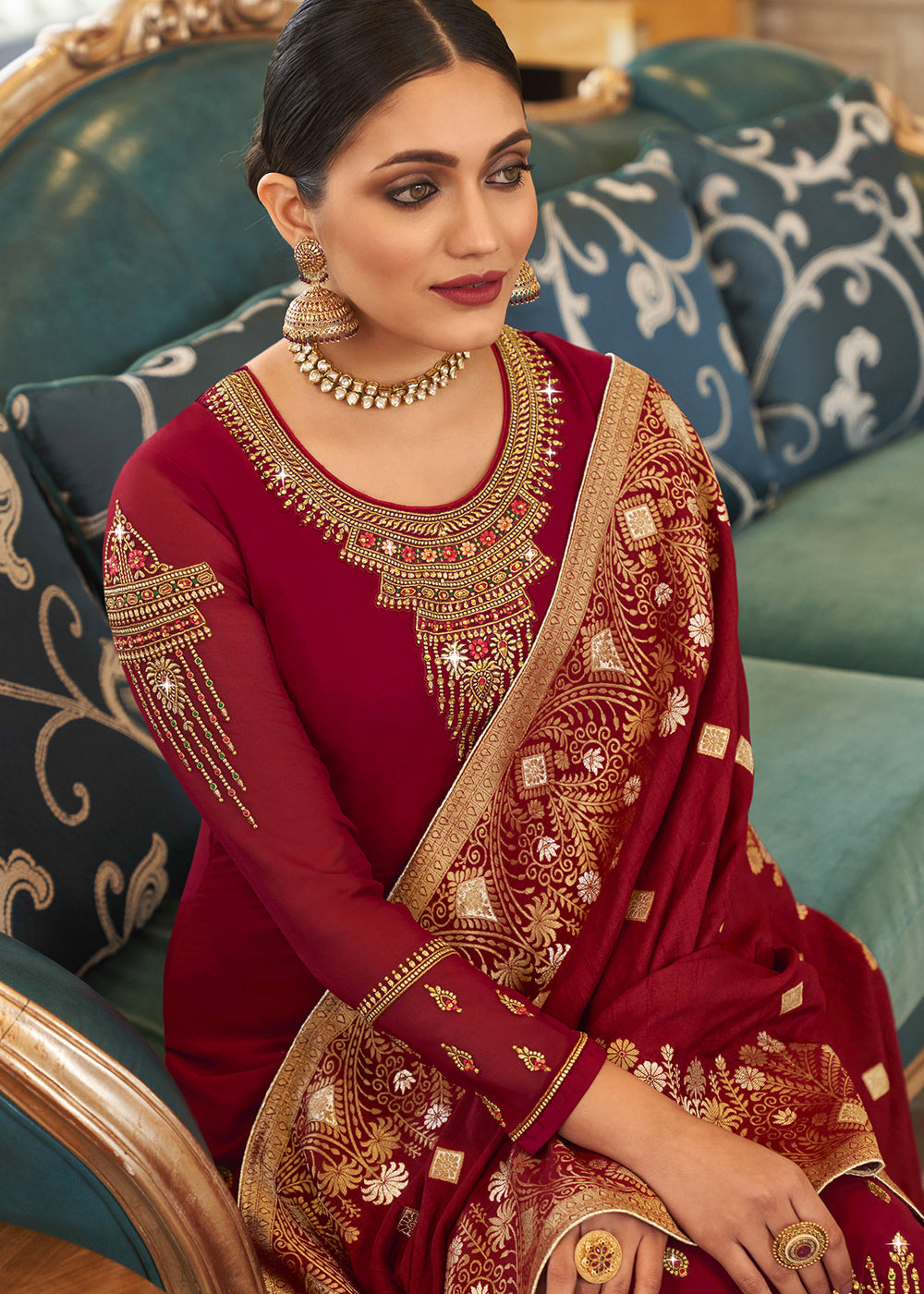 Buy Now Wedding Party Capricious Maroon Thread & Zari Salwar SuitOnline in USA, UK, Canada & Worldwide at Empress Clothing.