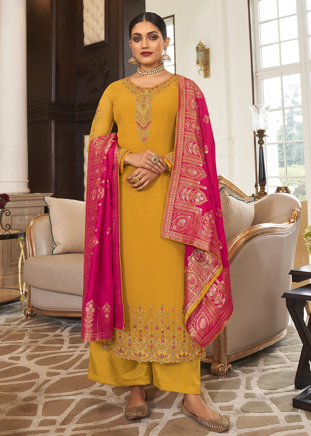 Buy Now Wedding Party Elegant Yellow Thread & Zari Salwar SuitOnline in USA, UK, Canada & Worldwide at Empress Clothing.