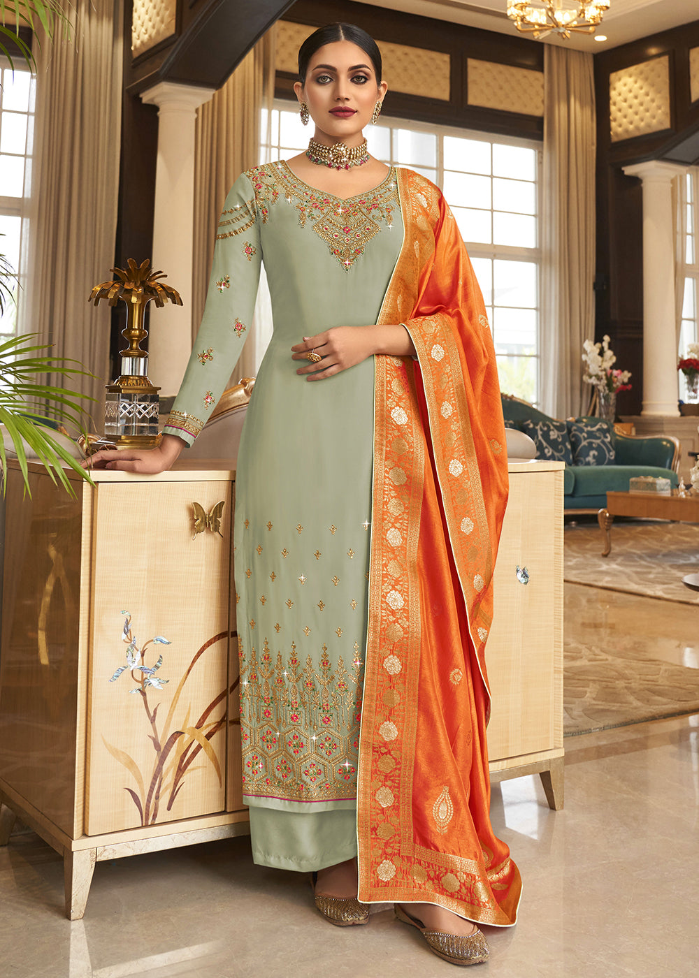 Buy Now Wedding Party Fabulous Sage Green Thread & Zari Salwar SuitOnline in USA, UK, Canada & Worldwide at Empress Clothing. 