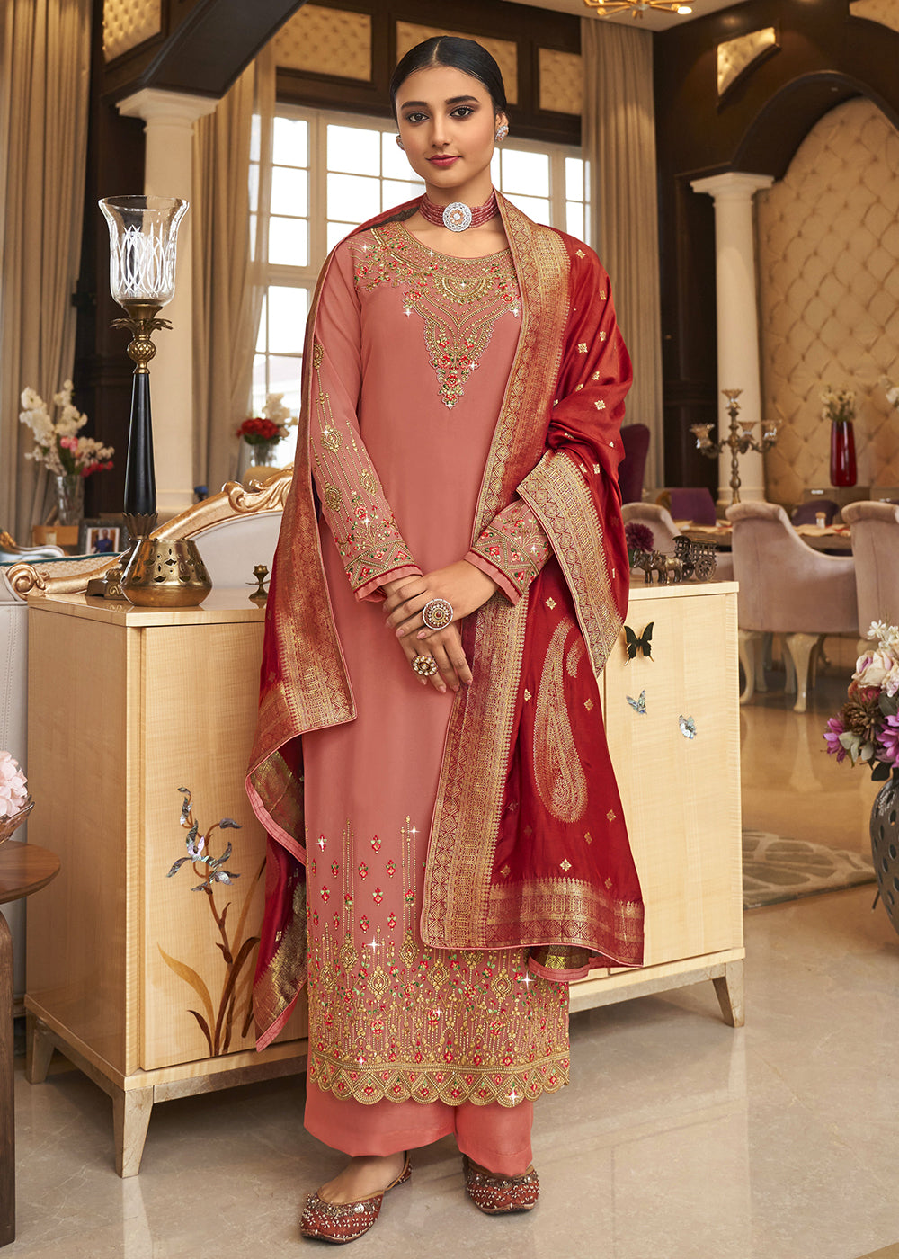 Buy Now Wedding Party Incredible Dusty Pink Thread & Zari Salwar Suit Online in USA, UK, Canada & Worldwide at Empress Clothing. 