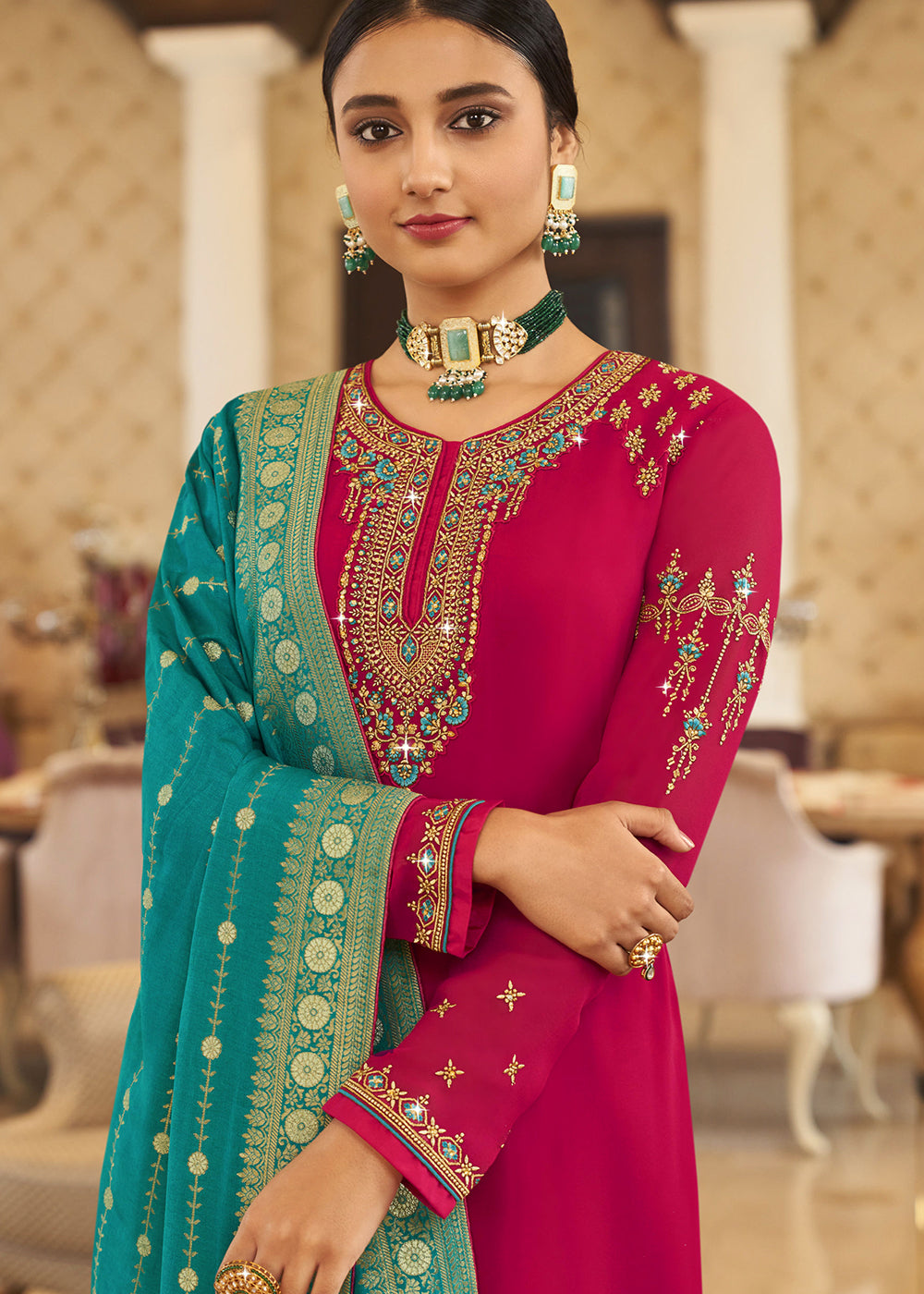 Buy Now Wedding Party Appealing Dark Pink Thread & Zari Salwar Suit Online in USA, UK, Canada & Worldwide at Empress Clothing. 