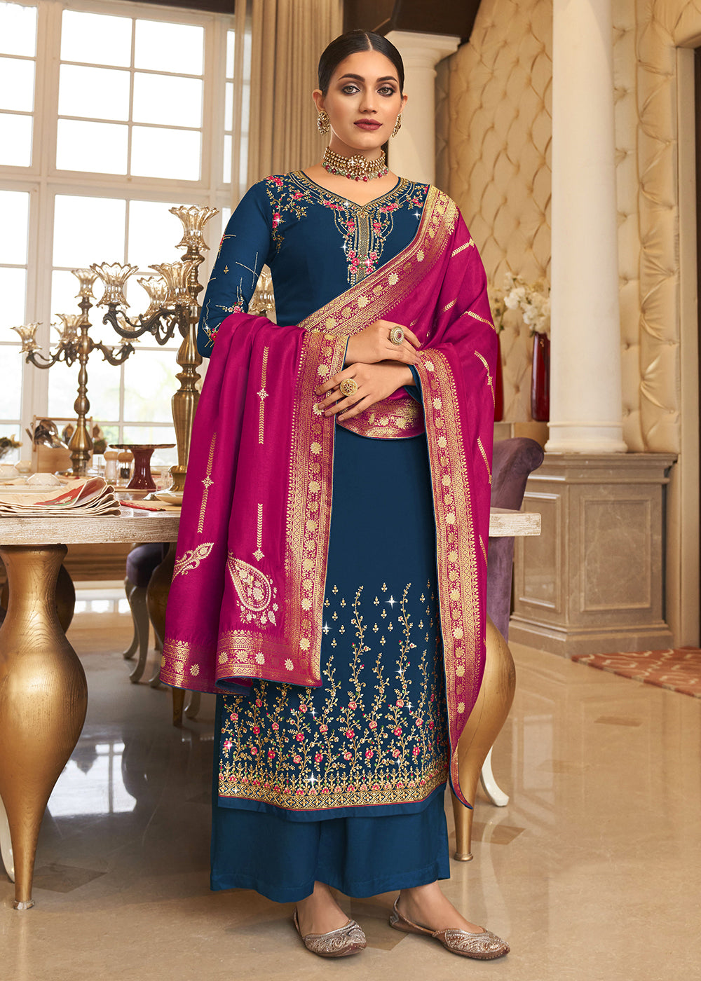 Buy Now Wedding Party Outstanding Blue Thread & Zari Salwar Suit Online in USA, UK, Canada & Worldwide at Empress Clothing.