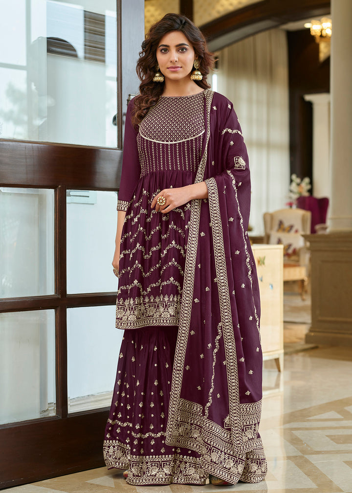 Shop Now Heavy Chinon Plum Purple Sequins Festive Gharara Suit Online at Empress Clothing in USA, UK, Canada, Germany & Worldwide.