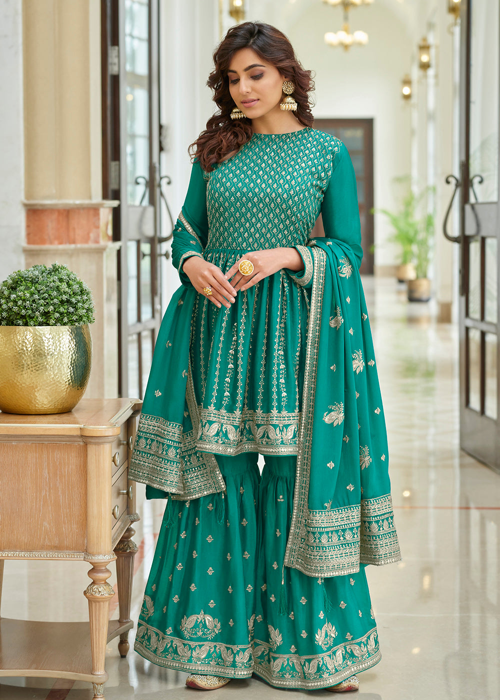 Shop Now Heavy Chinon Turquoise Sequins Festive Gharara Suit Online at Empress Clothing in USA, UK, Canada, Germany & Worldwide.