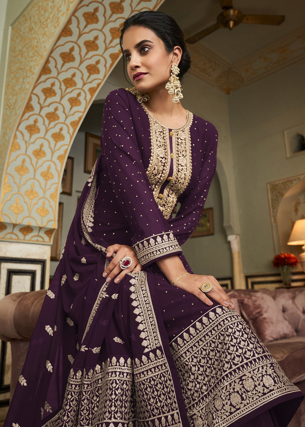 Buy Now Fascinating Purple Diamond Swarovski Work Palazzo Salwar Suit Online in USA, UK, Canada & Worldwide at Empress Clothing. 