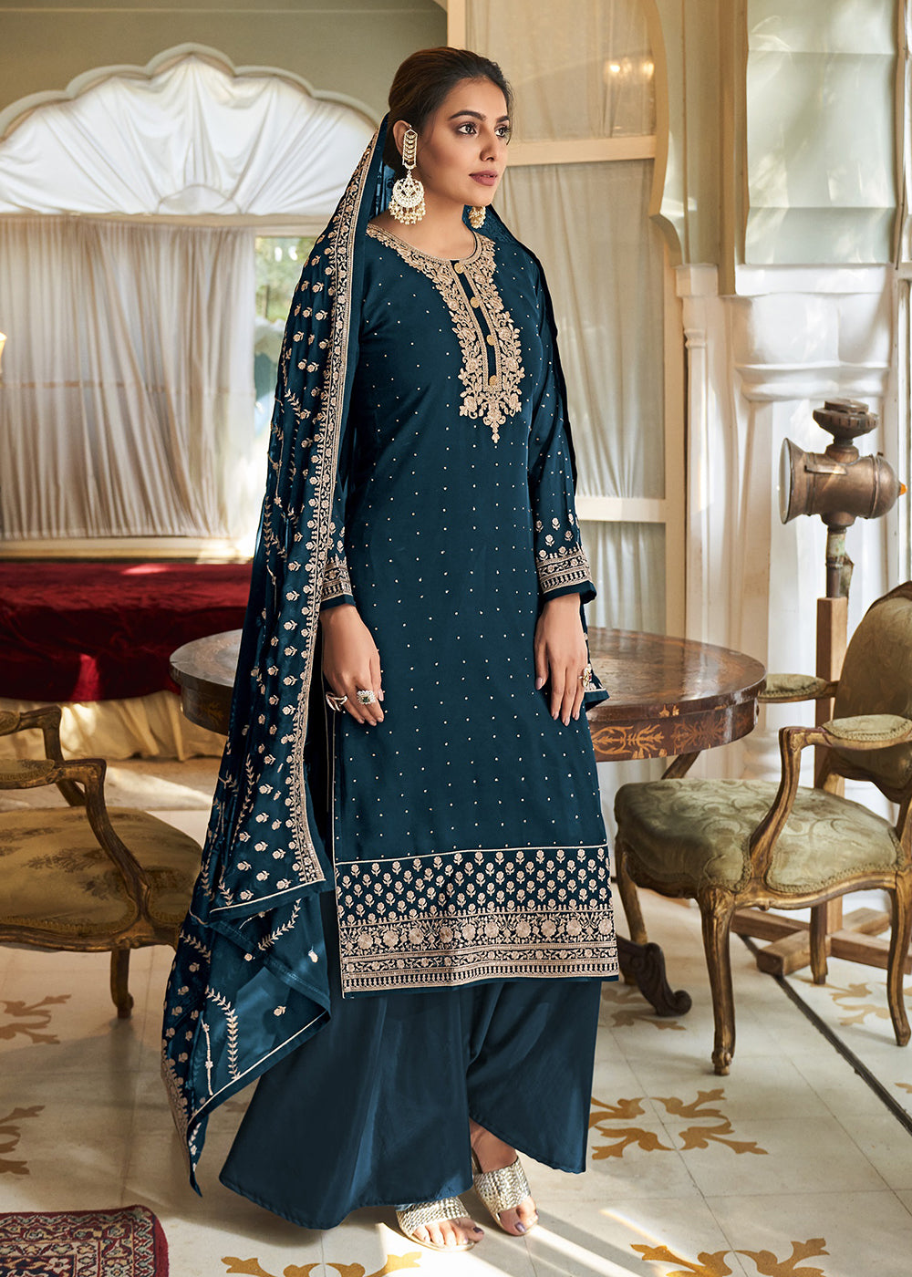 Buy Now Fancy Teal Blue Diamond Swarovski Work Palazzo Salwar Suit Online in USA, UK, Canada & Worldwide at Empress Clothing.