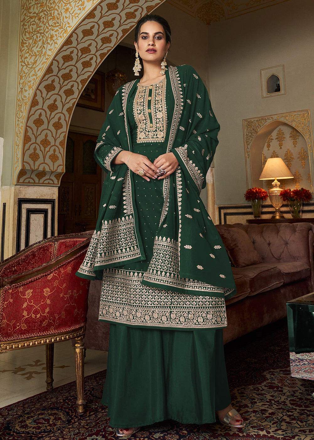 Buy Now Superior Green Diamond Swarovski Work Palazzo Salwar Suit Online in USA, UK, Canada & Worldwide at Empress Clothing.