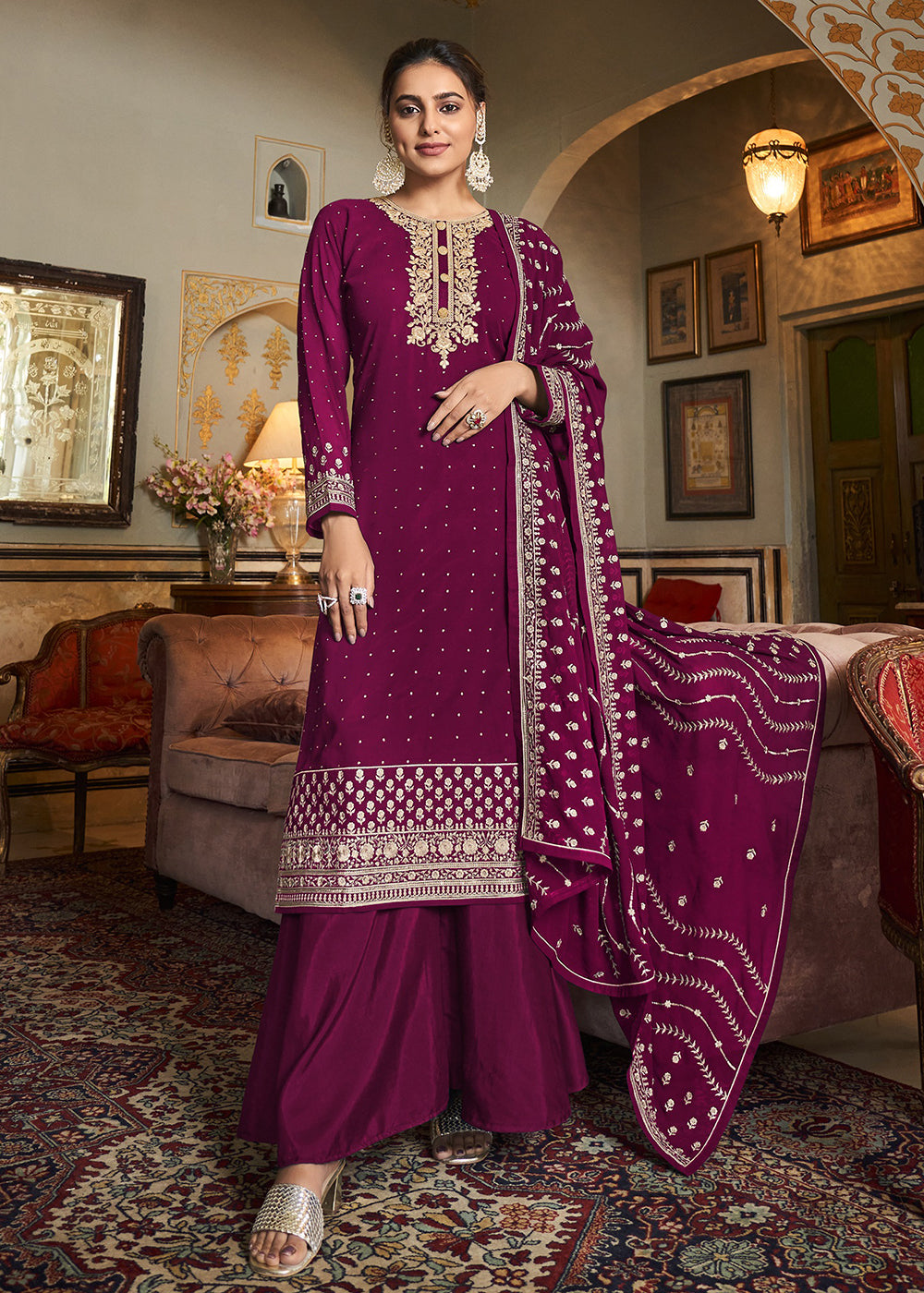 Buy Now Engrossing Pink Diamond Swarovski Work Palazzo Salwar Suit Online in USA, UK, Canada & Worldwide at Empress Clothing.