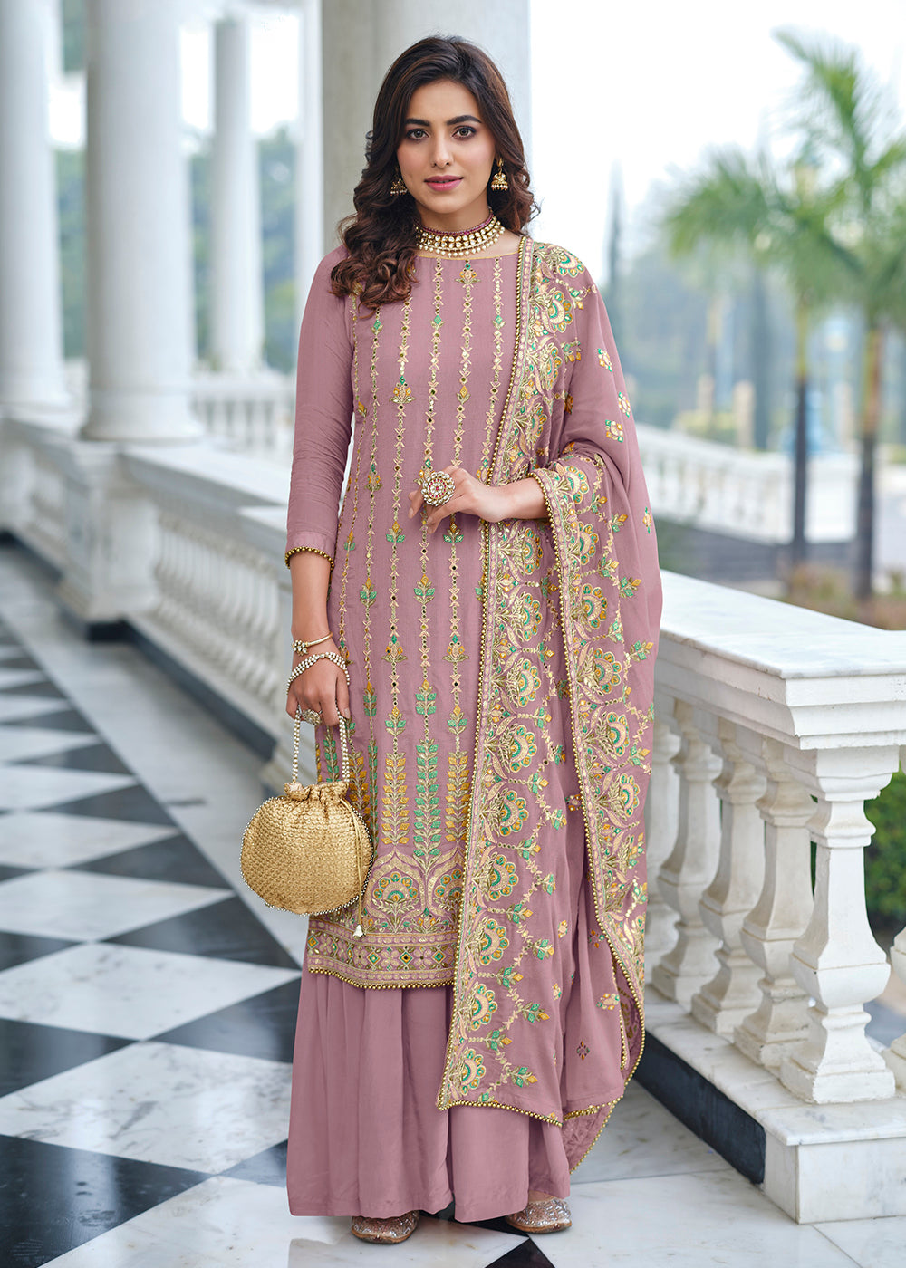 Buy Now Exclusive Embroidered Pink Chinon Palazzo Salwar Suit Online in USA, UK, Canada & Worldwide at Empress Clothing.